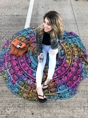 Traditional Jaipur Round Tie Dye Floral Elephant Mandala Beach Festival Blanket